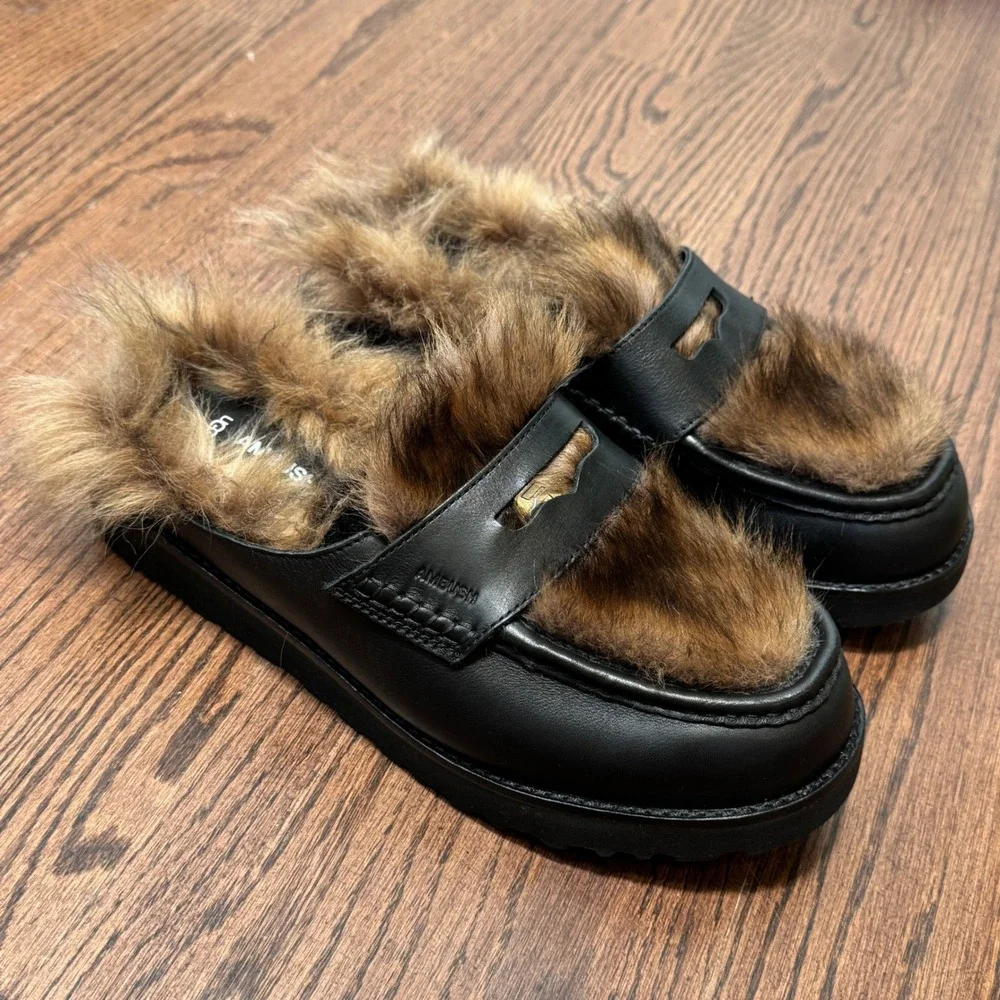 UGG AMBUSH Penny Loafer Black Leather Fur Mules Men 9 EU 42 Collab Slipper Shoe